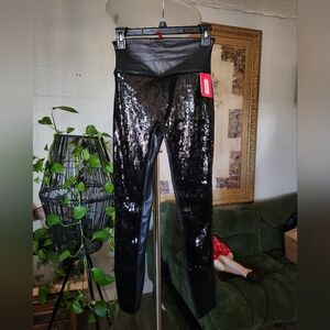 Spanx Faux Leather Sequin Leggings S Black
